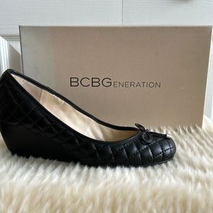 BCBGeneration, size 7.5, quilted black wedges, never worn, BG-Truce